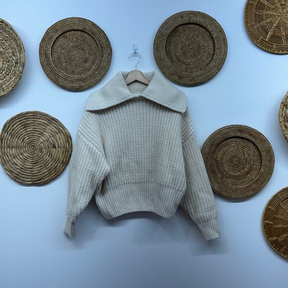 H&M Neutral Off White Collared Chunky Knit Pullover Sweater Small Preppy Neutral - Picture 2 of 7